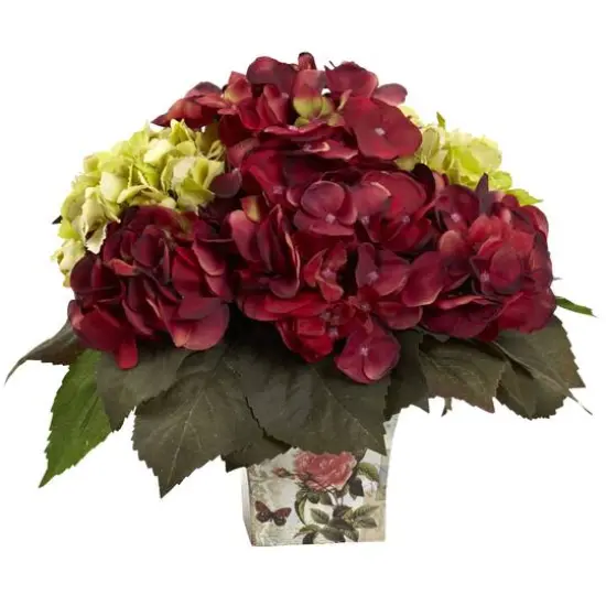 11" Green & Burgundy Hydrangea Arrangement in Floral Vase {1}