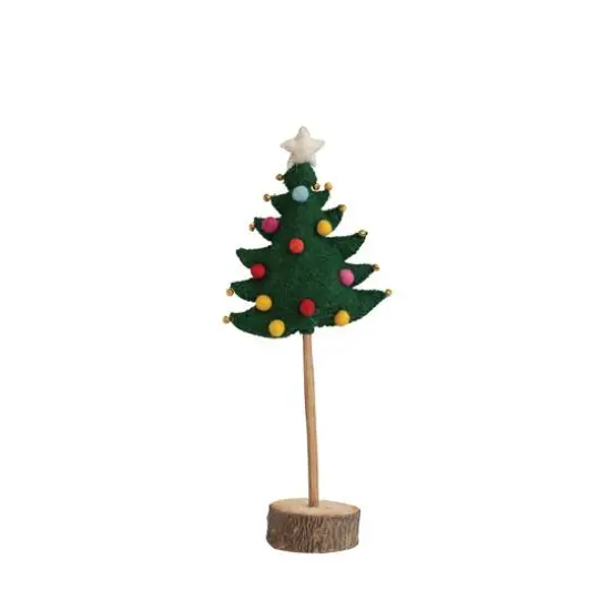 Hello Honey&reg; 15" Star-Topped Handmade Wool Felt Tree with Pom Poms, Jingle Bells & Wood Slice Base {1}