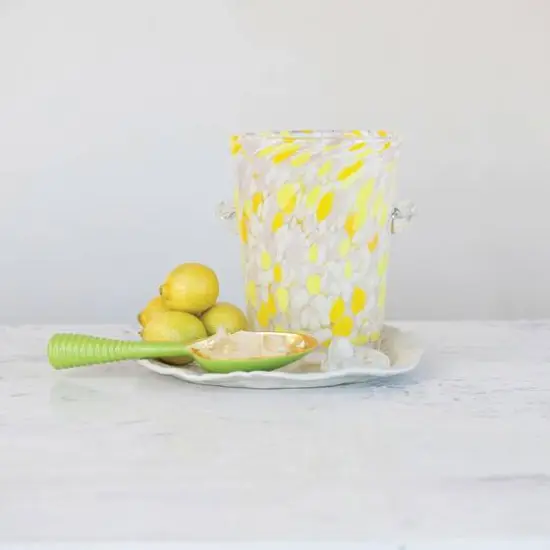Hello Honey 2 Quart Hand-Blown Confetti Glass Ice Bucket with Handles, Yellow, Pink and White {3}