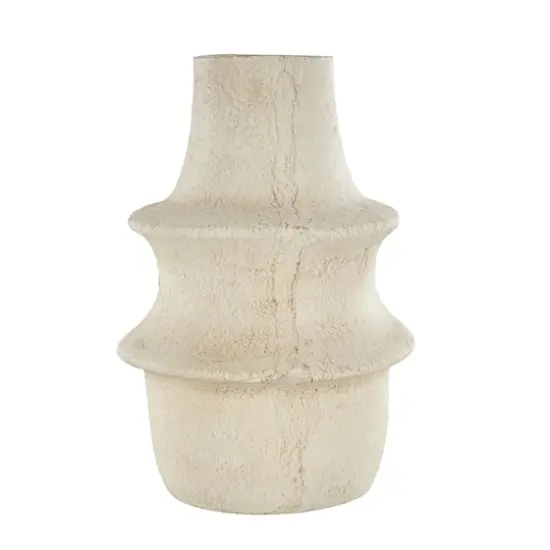15.25" Cream Textured Paper Mache Fluted Vase with Ring Handle {5}