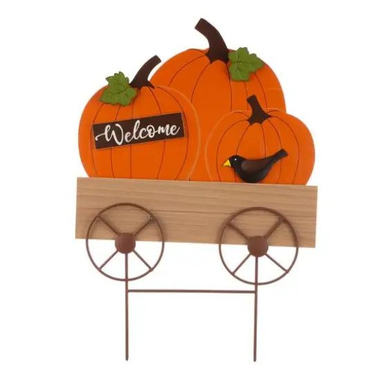 26" GlitzHome&reg; Wooden Pumpkin Cart Yard Stake {1}