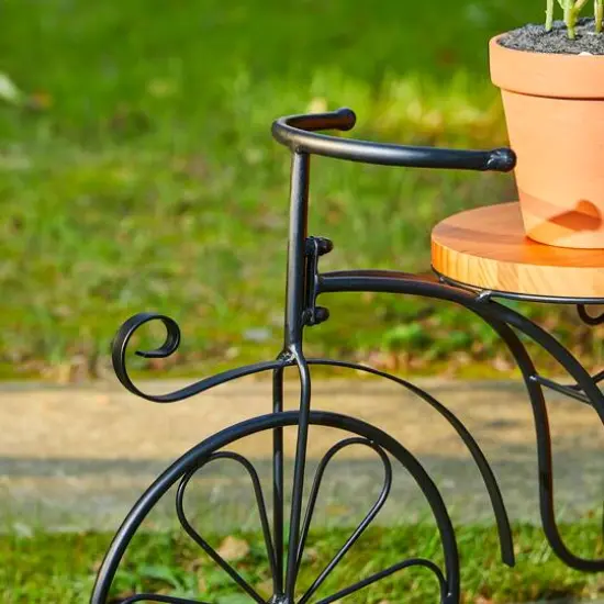Glitzhome&reg; 24" Black Metal Tricycle Planter Stand with Solid Wood Tray {7}