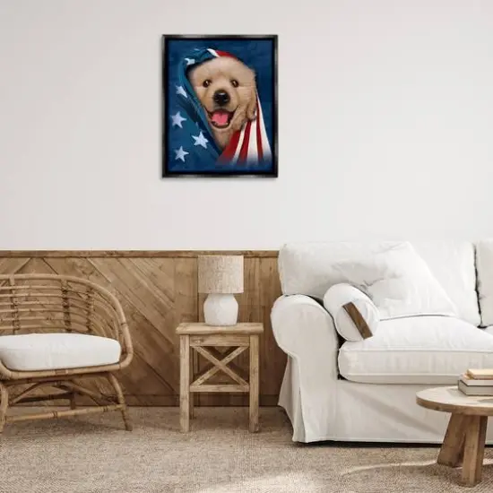 Stupell Industries Puppy & American Flag Floater Framed Art Black {3}