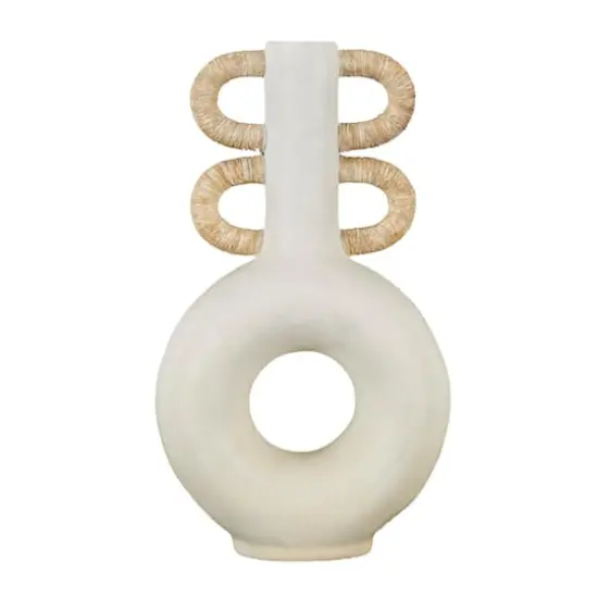 16" Cream Round Speckled Vase with Woven Inspired Arched Handles & Cutout Opening {7}