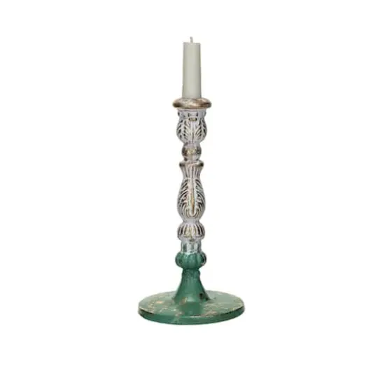 Hello Honey&reg; 9.25" Green, Gold and Cream Distressed Cast Metal Taper Candleholder {4}