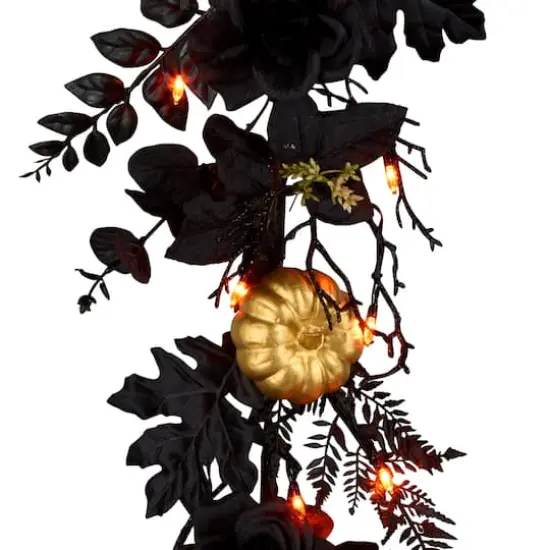 6ft. Chic Eek Black & Gold Halloween Pumpkin & Flower Pre-Lit LED Garland {1}