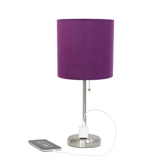 Creekwood Home Oslo 19.5" Power Outlet Table Lamp Brushed Steel Base/Purple Shade {7}
