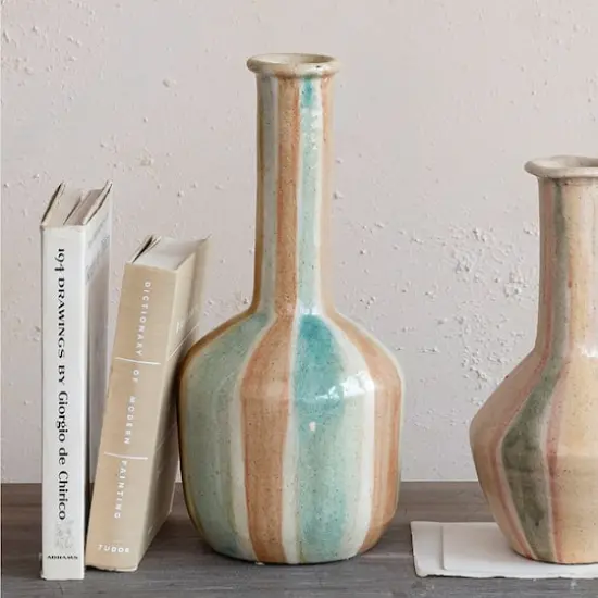 Hello Honey&reg; 14" Blue & Maroon Hand-Painted Crackle Glaze Terra Cotta Vase with Tall Neck {4}