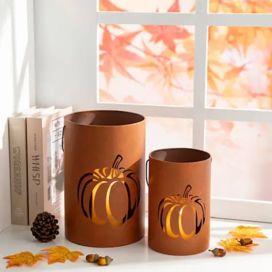 Glitzhome&reg; Metal Cutout Pumpkin Bucket Set {11}