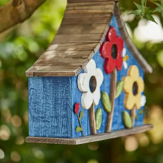 Glitzhome&reg; 15" Blue Distressed Wood Birdhouse with Flowers {5}