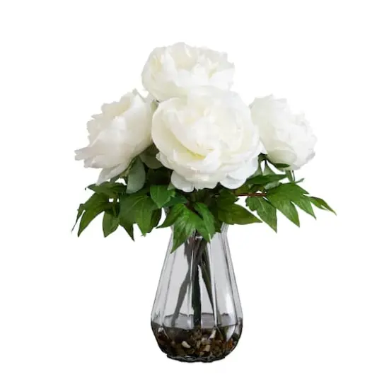 16" White Peony Arrangement in Glass Vase {1}