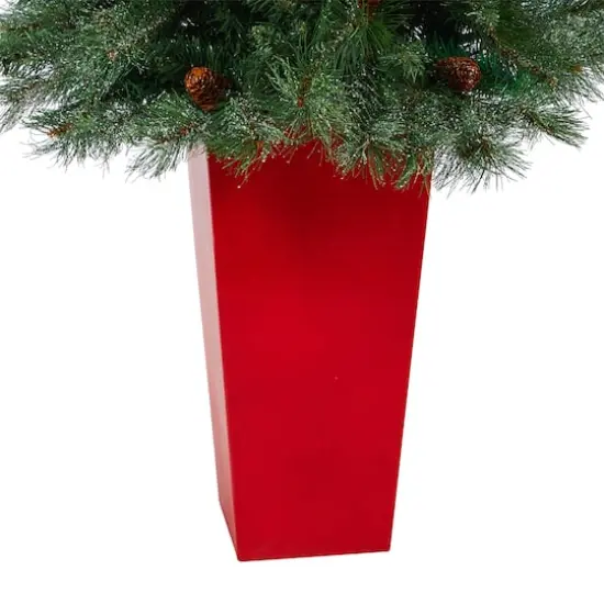 55" Unlit Snowed French Alps Mountain Pine Artificial Christmas Tree In Red Tower Planter {5}
