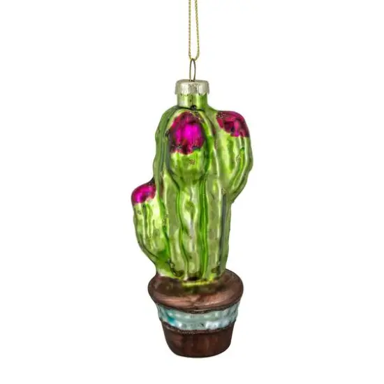 Green And Pink Potted Cactus Glass Ornament {6}