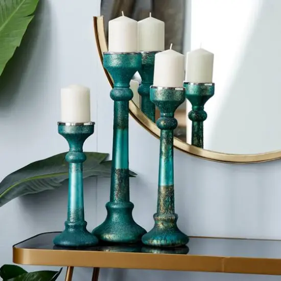 Green Glass Vintage Candle Holder Set {7}