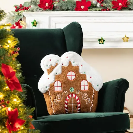 Glitzhome&reg; 17"H Christmas Gingerbread House Shaped Pillow {6}