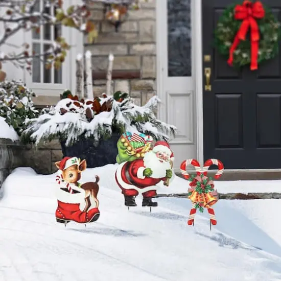 Glitzhome&reg; 24" Metal Glitter Santa, Reindeer & Candy Cane Yard Stake Set {3}