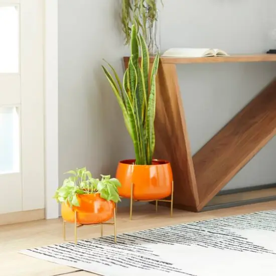 Metal Round Contemporary Planter Set Orange {7}
