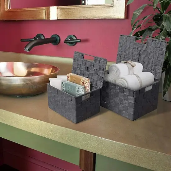 Sorbus 3-Piece Woven Basket with Lid Set Gray {5}