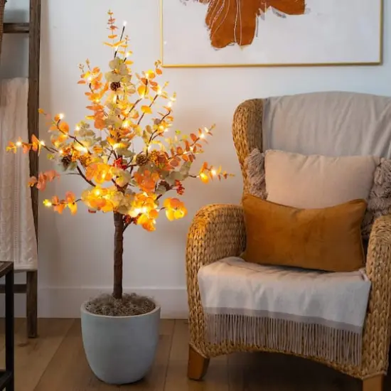 4ft. Pre-Lit Autumn Eucalyptus Artificial Fall Tree with Pinecones, Berries and 60 Warm White LED Lights {10}