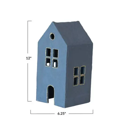 Hello Honey&reg; 12" Blue & Gold Decorative Hand-Painted Paper Mache House {6}