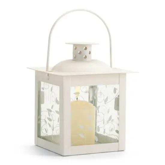 4.75" Small White Square Candle Lantern with Leaves {1}