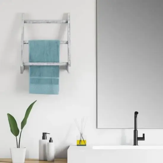 3-Tier Rustic Wood Farmhouse Wall Hanging Ladder Towel Rack Light Gray {6}