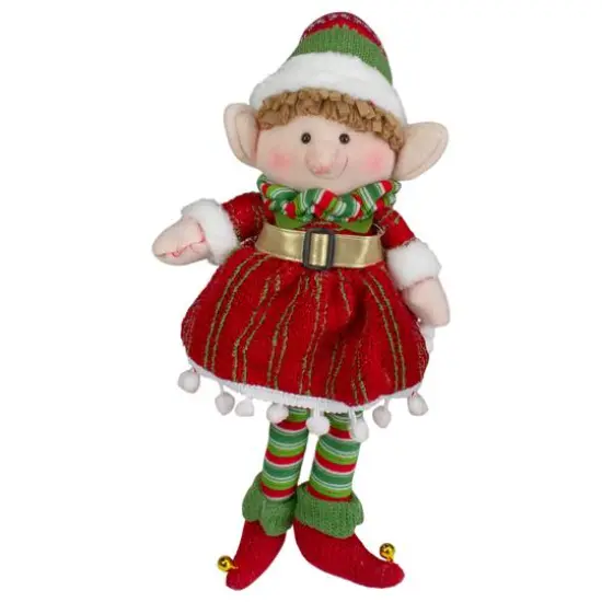 14'' Red and Green Plush Jingle Bell Girl Elf Christmas Figure {1}