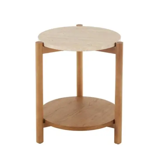 20.25" Brown Wood Handmade Round Side End Accent Table with Beige Marble Top {7}