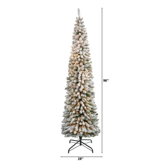 8ft. Pre-Lit Flocked Pencil Artificial Christmas Tree with Clear LED Lights {7}
