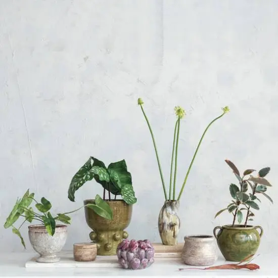 Hello Honey&reg; 12.25" Green Round Terra-cotta Hobnail Footed Vase {3}