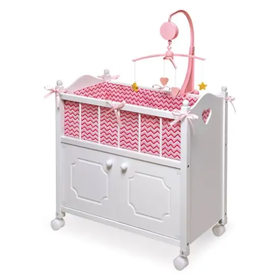 Badger Basket White Cabinet Doll Crib with Pink & White Chevron Bedding {1}