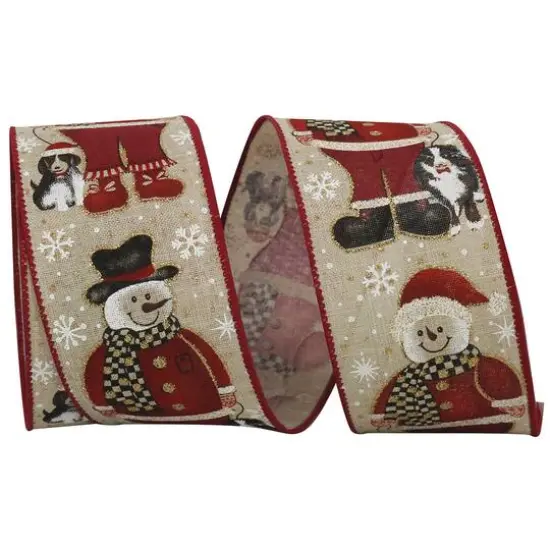 JAM Paper 2.5" x 10yd. Snowman Santa & Dog Linen Wired Ribbon {1}