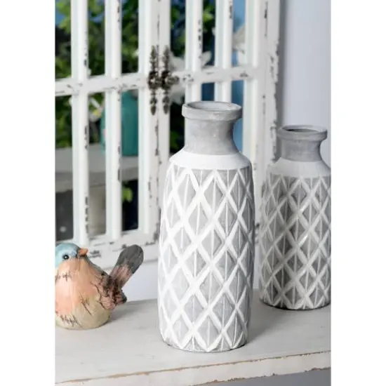 Coastal Gray And White Ceramic Jar Vase With Criss Cross Pattern, 16" x 6" x 6" {7}