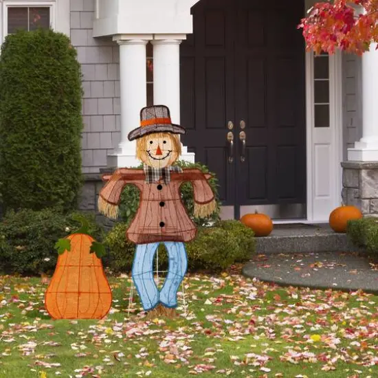 Glitzhome&reg; Lighted Fall Scarecrow & Pumpkin Outdoor Decor with Warm White LED Lights Set {5}