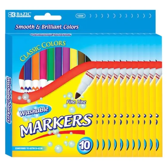 BAZIC&reg; Fine Line Washable Markers, 12 Packs of 10 {1}