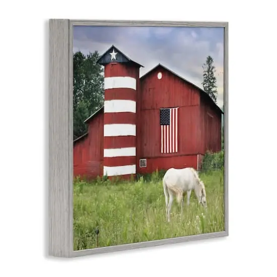Stupell Industries Grazing White Horse Red Americana Barn Flag Framed Giclee Art Gray {4}