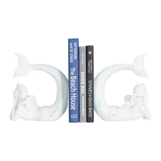Hello Honey&reg; Distressed White Stone Mermaid Bookends Set {5}