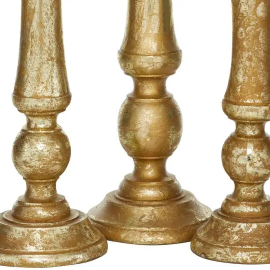 Gold Mango Wood Traditional Candle Holder Set {4}