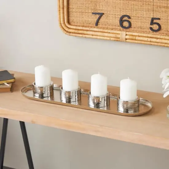 26" Stainless Steel 4 Candle Candelabra with Attached Tray Silver {3}