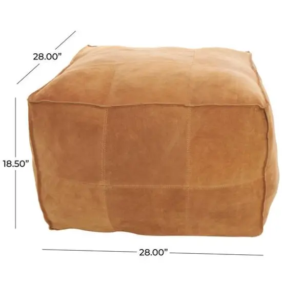 28" Leather Low Profile Square Pouf with Patchwork Design Light Brown {8}