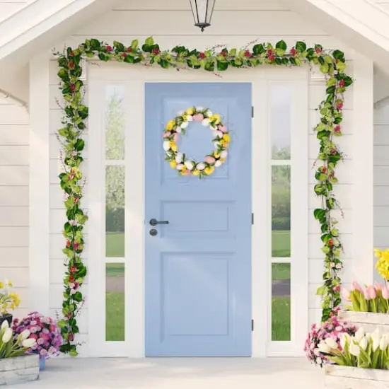 22" Pink & Yellow Easter Eggs & Flower Buds Artificial Wreath {4}