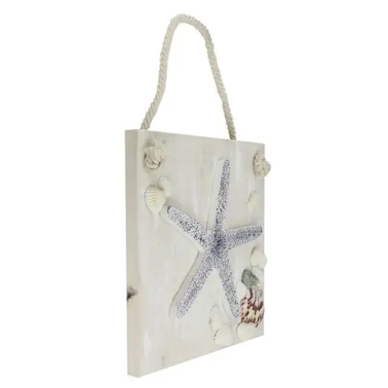 10" Blue & Beige Hanging Starfish Plaque with Seashells Wall Accent {3}