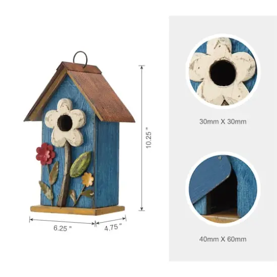 Glitzhome&reg; 10.25" Retro Blue Distressed Flower Birdhouse {8}