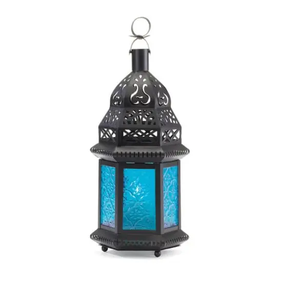10" Black Moroccan Style Hanging Candle Lantern with Etched Blue Glass {1}