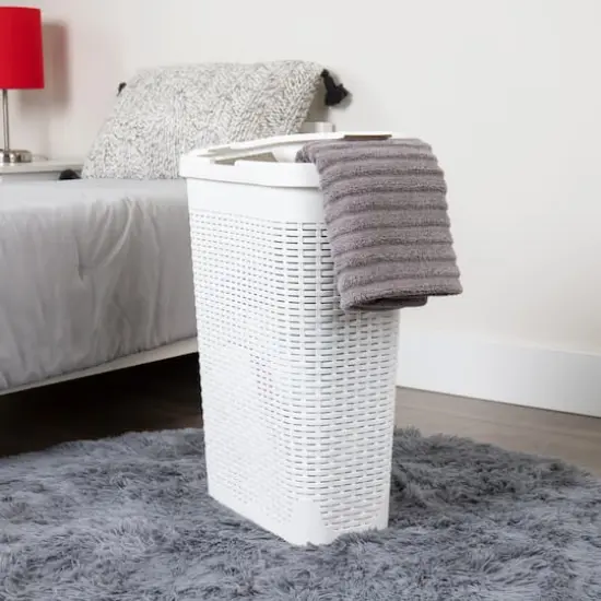 Mind Reader 40L Ventilated Slim Laundry Hamper with Cut Out Handles & Attached Hinged Lid, 2ct. White {3}