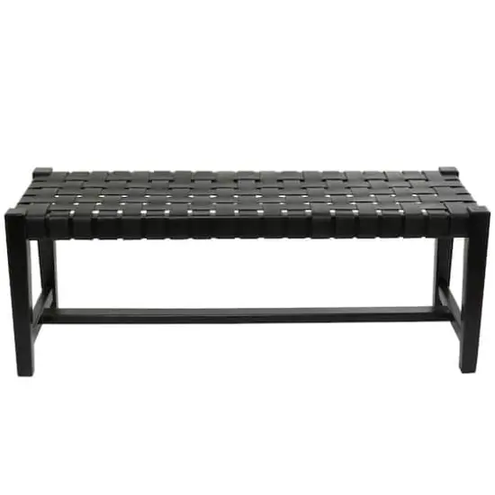 47" Black Leather Handmade Woven Seat Bench {1}