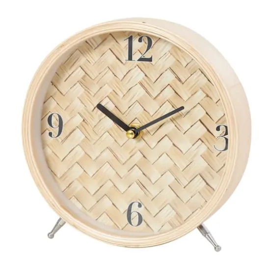 7" Light Brown Wood Woven Chevron Patterned Clock with Silver Legs {1}