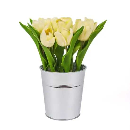 9" Tulip Bouquet in Metal Pot Light Yellow {1}