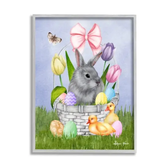 Stupell Industries Pastel Bunny Rabbit Basket Easter Egg Baby Chicks Framed Giclee Art Gray {1}