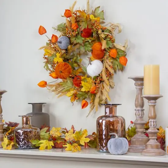 24" Velvet Pumpkins & Wheat Fall Harvest Wreath {3}
